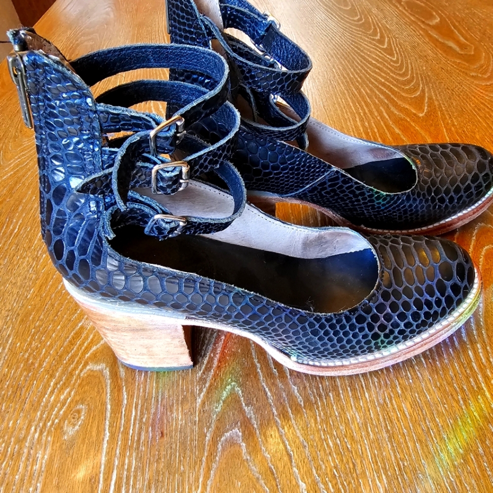 Black Leather Snake Print Block Heels with Ankle Straps